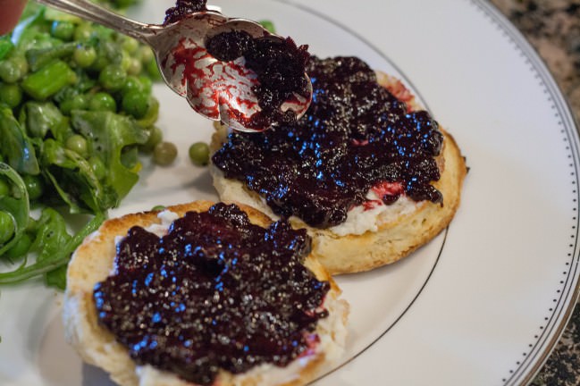 Blue Ridge Mountain Benedicts topped with blackberry sage jam