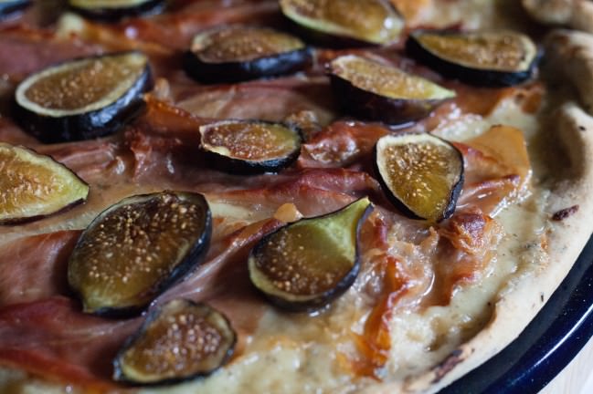 Fig and Prosciutto Pizza with Arugula hot from oven