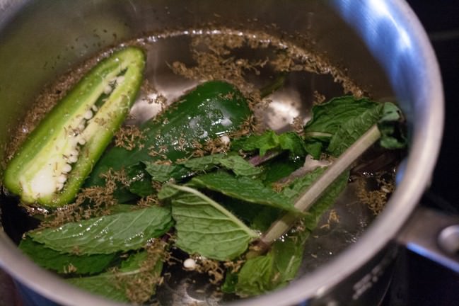 Spicy Mint and Dill Quick Pickled Beans and Carrots brine