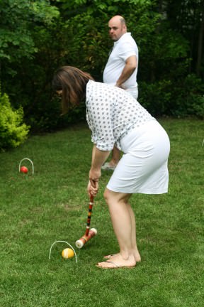 Croquet Tournament Susan lining up the shot