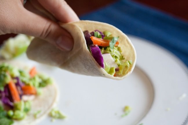 Edamame Tacos with cabbage slaw