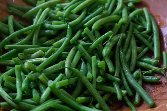 French Tarragon Red, White and Blue Potato Salad blanched green beans