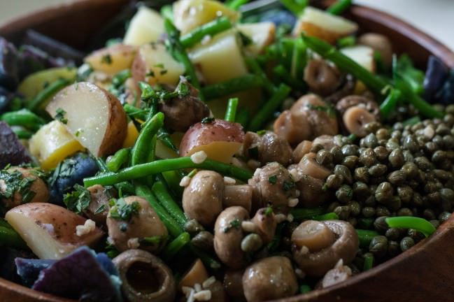 French Tarragon Red, White and Blue Potato Salad with capers