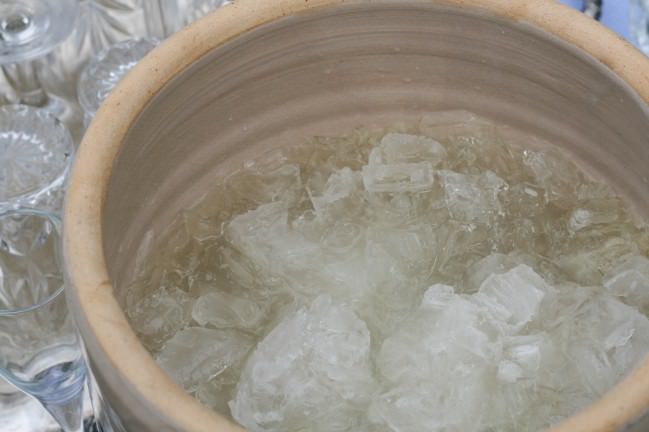 Lavender Lemonade in a french crock with ice