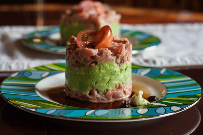 Spicy Tuna and Avocado Tartar with wasabi paste and siracha