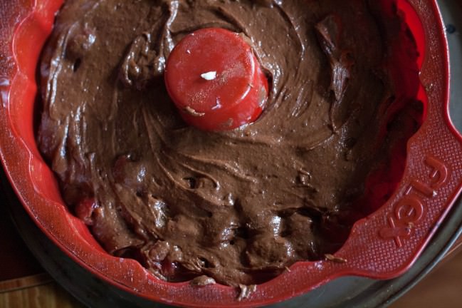 Chocolate Cherry Almond Cake in prepared bundt pan