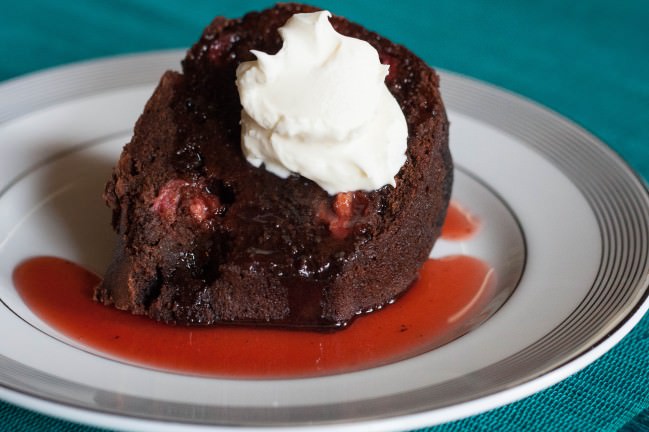 Chocolate Cherry Almond Cake with cherry glaze and creme fraiche