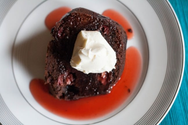 Chocolate Cherry Almond Cake with cherry syrup and creme fraiche