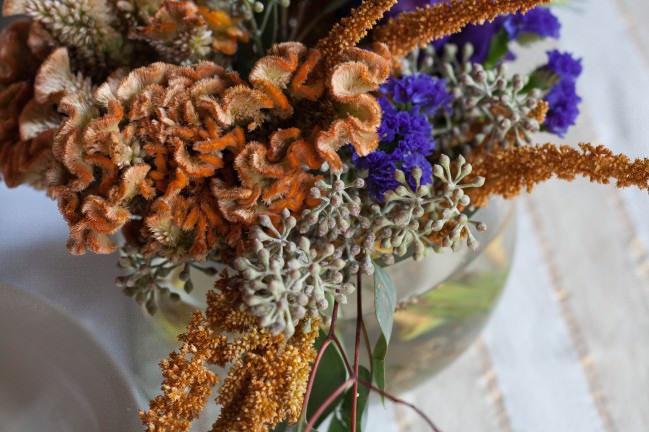 Fall Centerpiece amaranth and statice