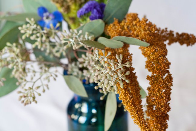 Fall Centerpieces eucalyptus and amaranth