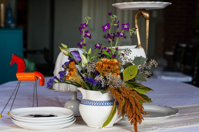 Fall Centerpieces still life with flowers and tiered cake sculpture