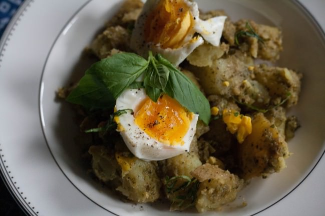 Pesto Potatoes with Soft-Boiled Eggs and basil