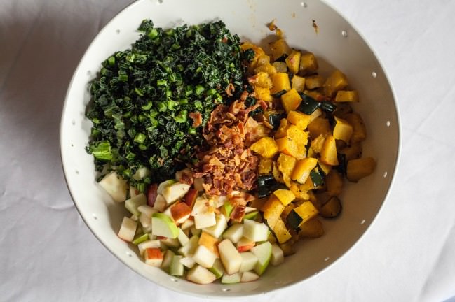 Fall Kale Salad with Spicy Garbanzos acorn sqush bacon apple kale