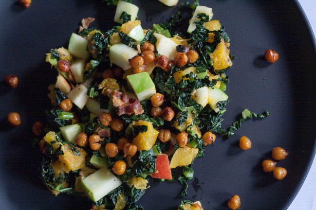 Fall Kale Salad with Spicy Garbanzos scattered