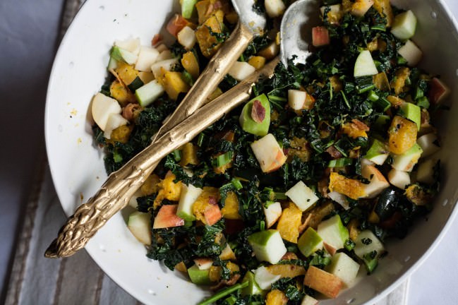 Fall Kale Salad with Spicy Garbanzos tossed