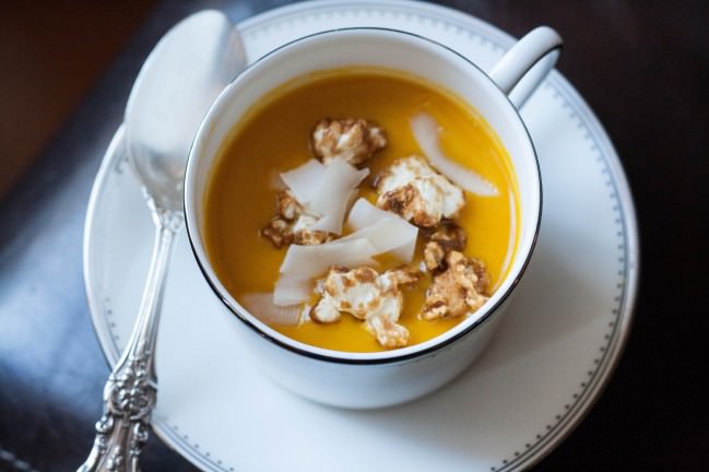 Five Squash Soup Lime Caramel Corn in cup