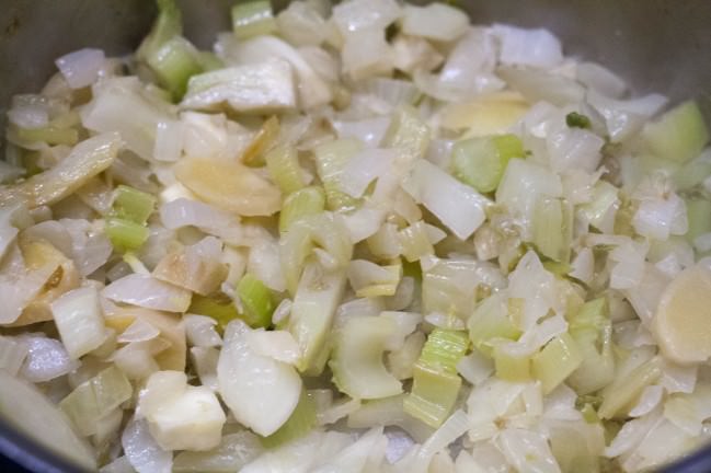 Five Squash Soup Lime Caramel Corn sauteed veggies