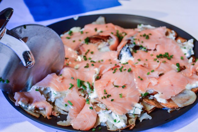 brunch with cedar kitchenette smoked salmon on potato pancake pizza slicer