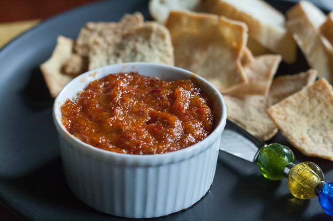 Baked Goat Cheese and Homemade Pepper Jelly with pita chips