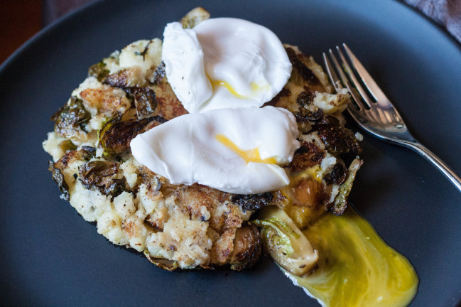 Bubble and Squeak Thanksgiving Leftovers potatoes Brussels and poached eggs