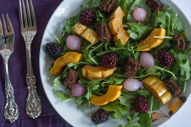 Gingerbread Fall Panzanella with pickles and squash