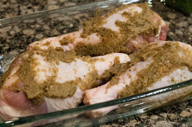 Spicy Jerk Turkey Drumsticks marinating legs