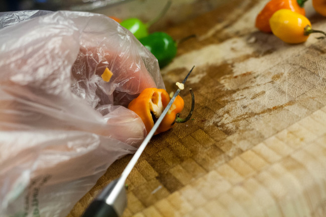 Spicy Jerk Turkey Drumsticks seeding habaneros