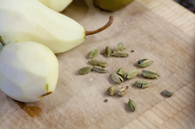 saffron poached pear cakes peeled pears and cardamom