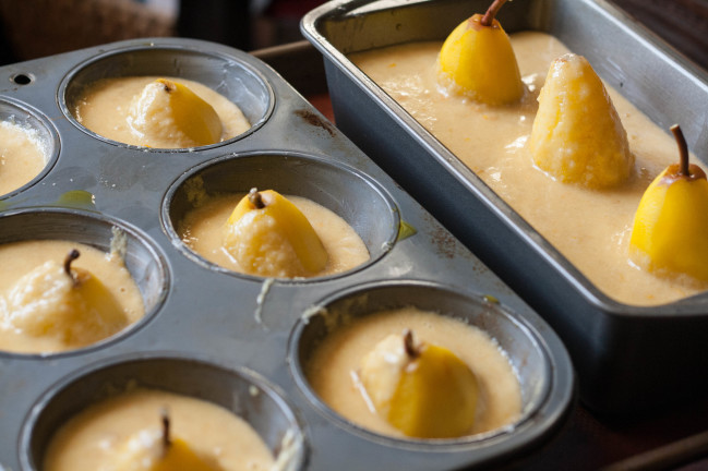 saffron poached pear cakes ready for oven