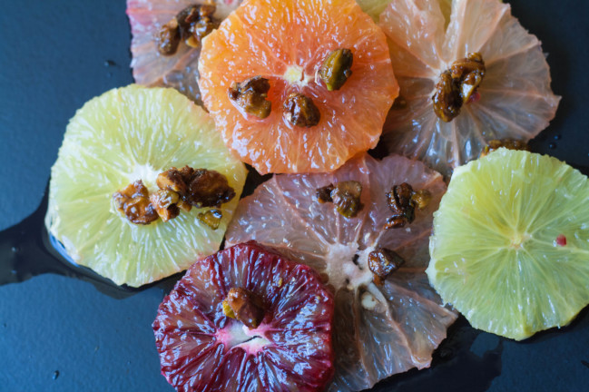 Citrus Flowers with Spicy Pistachio Brittle cara cara oranges