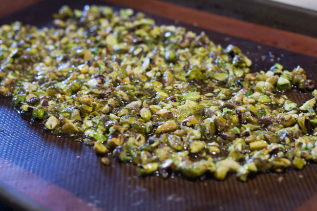 Citrus Flowers with Spicy Pistachio Brittle cooled brittle