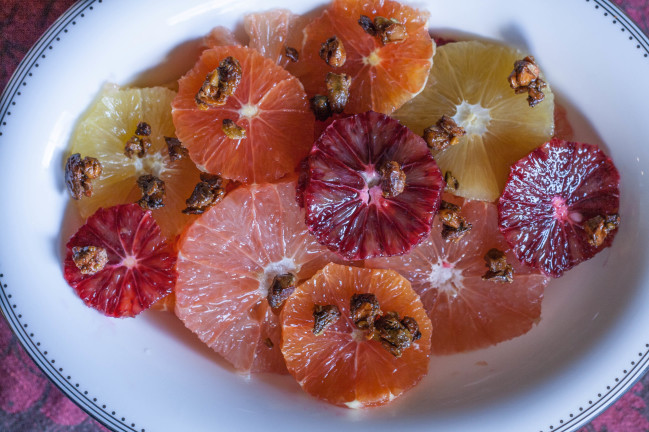 Citrus Flowers with Spicy Pistachio Brittle layered