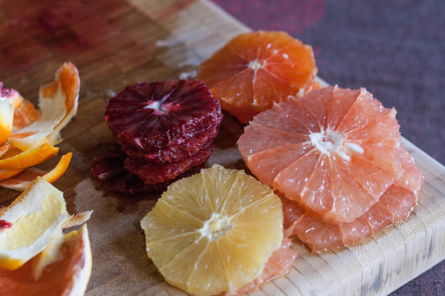 Citrus Flowers with Spicy Pistachio Brittle sliced citrus