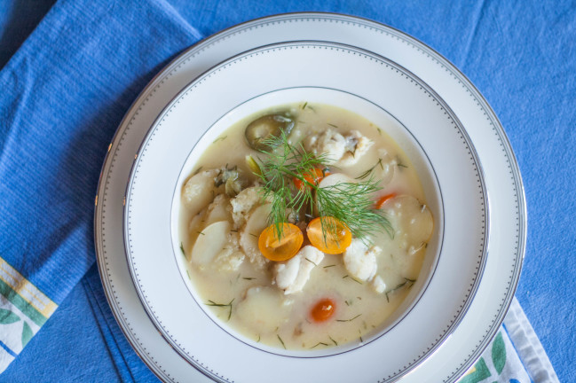 Monkfish Stew with Potatoes and Dill with golden tomatoes