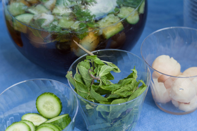 Cucumber Lychee Pimms Cups thai basil