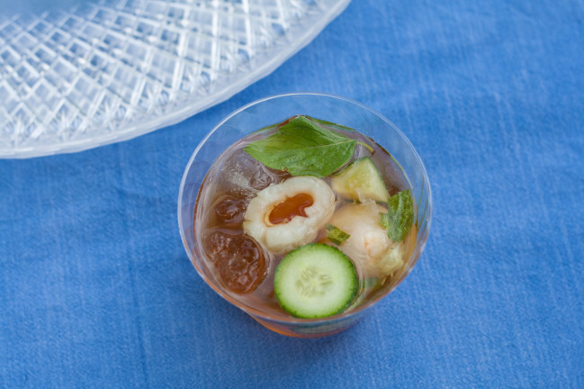 Cucumber Lychee Pimms Cups with thai basil