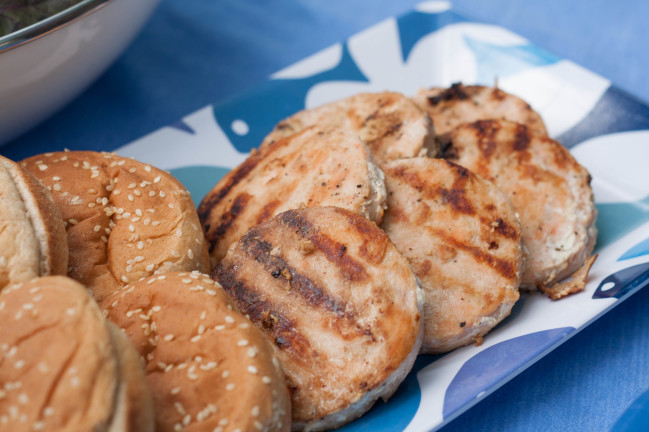 Salmon Burgers with Curry Mayo grill marks on salmon