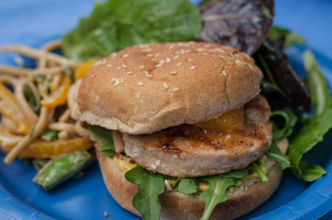 Salmon Burgers with Curry Mayo on whole wheat buns