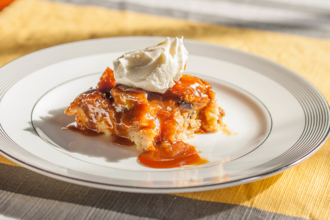 Banana Foster Brioche Bread Pudding with Caramel Sauce