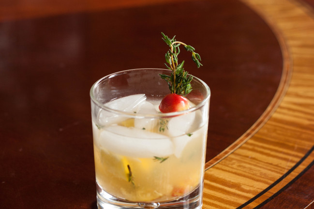 Rainier Cherry Scotch Thyme New Fashioned on ice