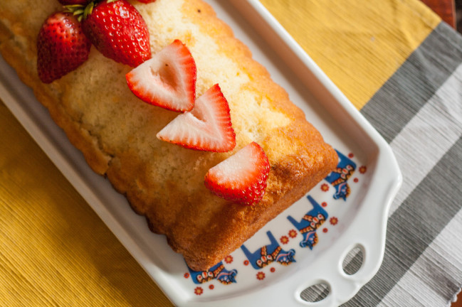 Swedish Almond Loaf Cake on cake plate