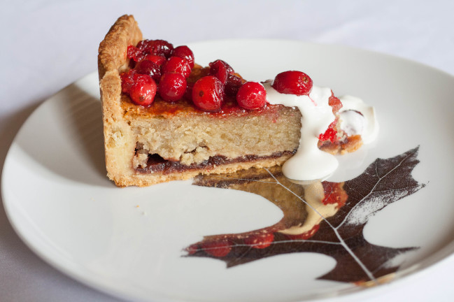 Cranberry Almond Lingonberry Torte with creme fraiche