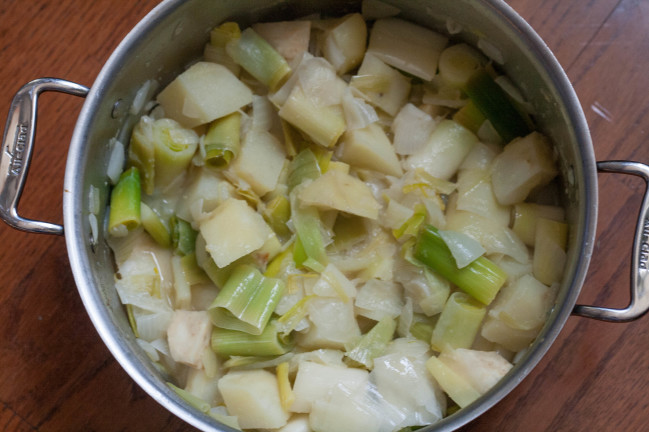 Leek Soup with Fried Sage cooked leeks and potatoes
