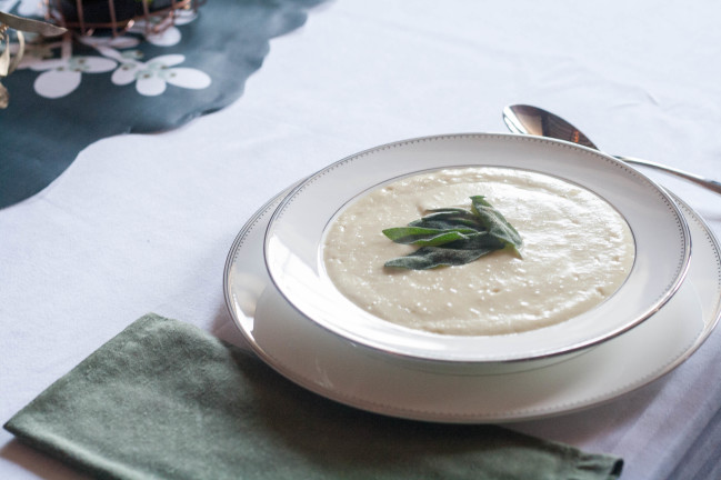 Leek Soup with Fried Sage plated