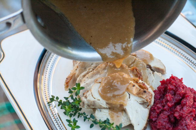 Elderflower Fennel Turkey Gravy on turkey slices